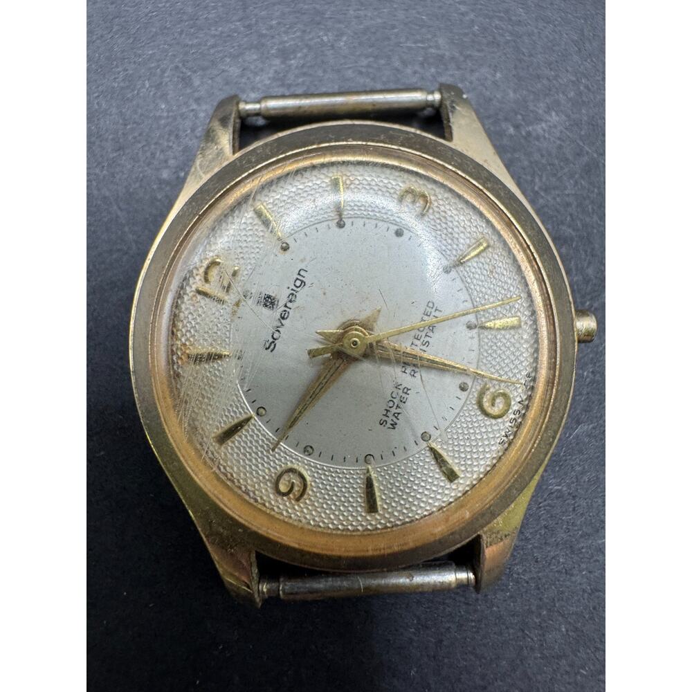 Vtg Sovereign Shock Protected Waterproof Stainless Steel Gold Tone Swiss Watch